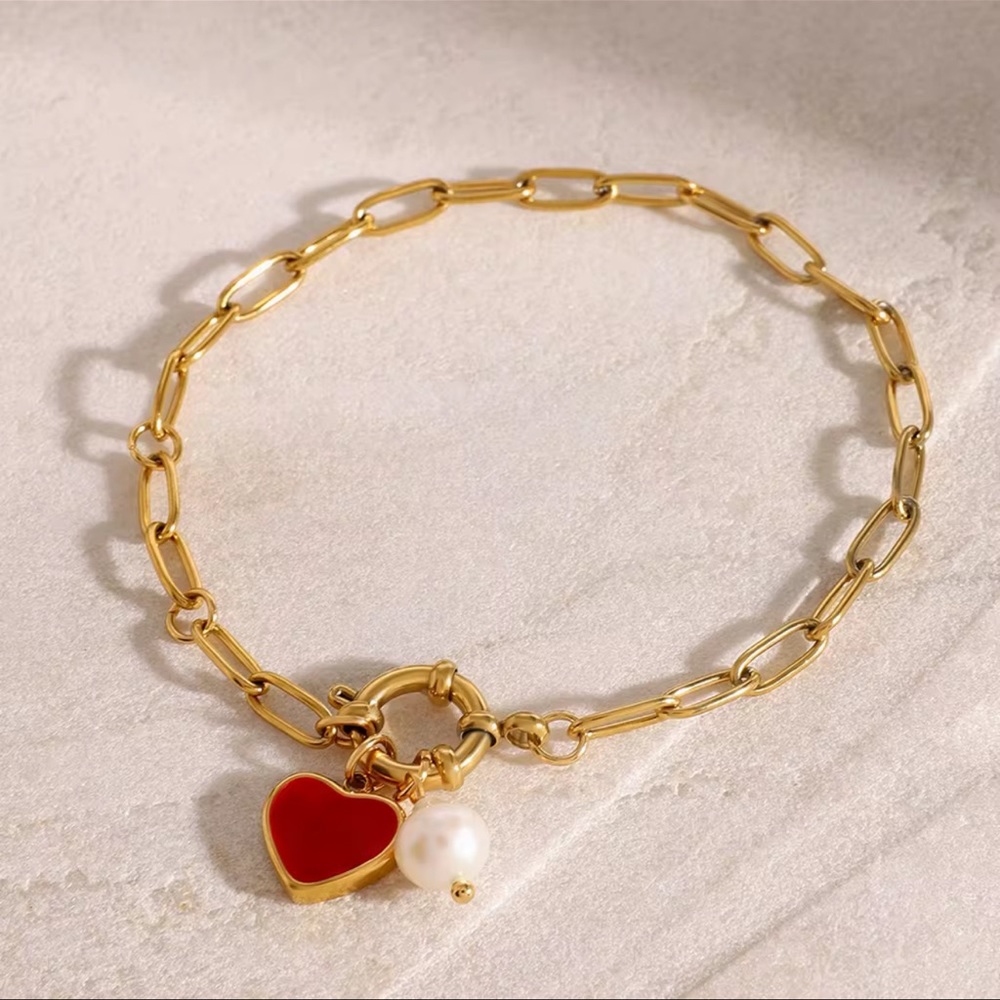 18K Gold Plated Enamel Heart Charm, Faux Pearl Bracelet